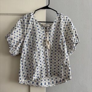 Loft Floral Embroidered Bow Blouse Size S in Blue/Ivory